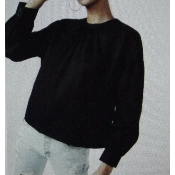 Express Blouse Womens XS 0-2 Black Oversize Puff Sleeve top shirt gathered neck - Picture 3 of 12